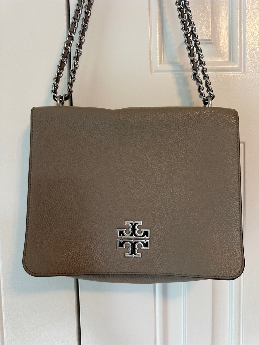 Tory Burch Pebbled Leather Shoulder Bag in Taupe with Silver Hardware